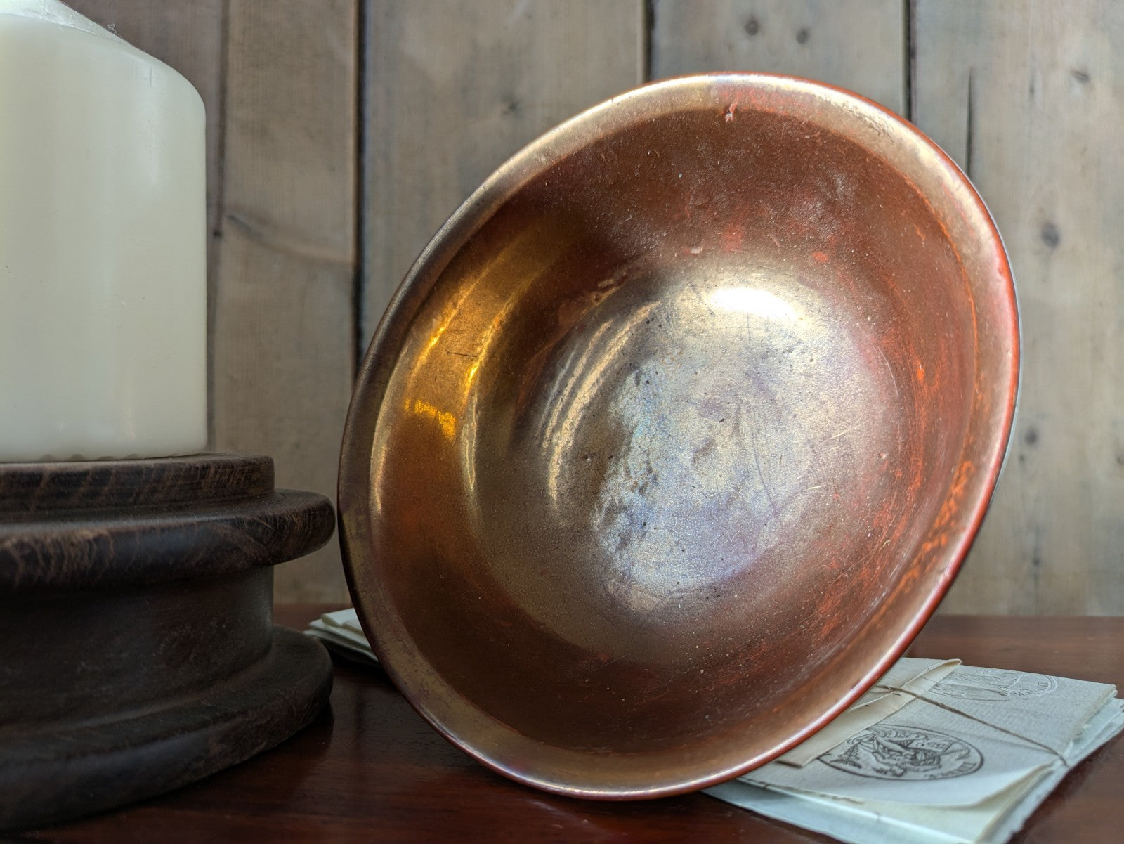 Antique 19th century Copper Luster Pedestal Bowl Dish Painted Flowers Art Deco