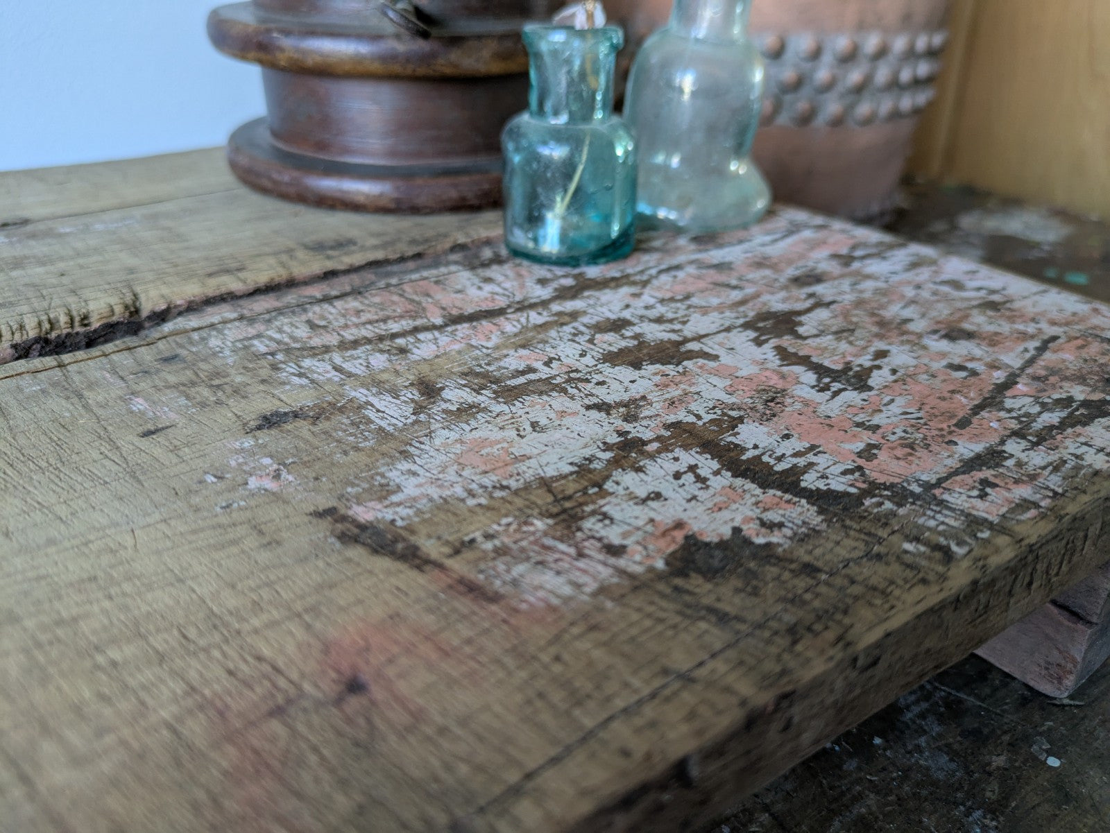 Antique Wooden Bajot Floor Sitting Stool Pink Old Hand Crafted Serving Board Vtg