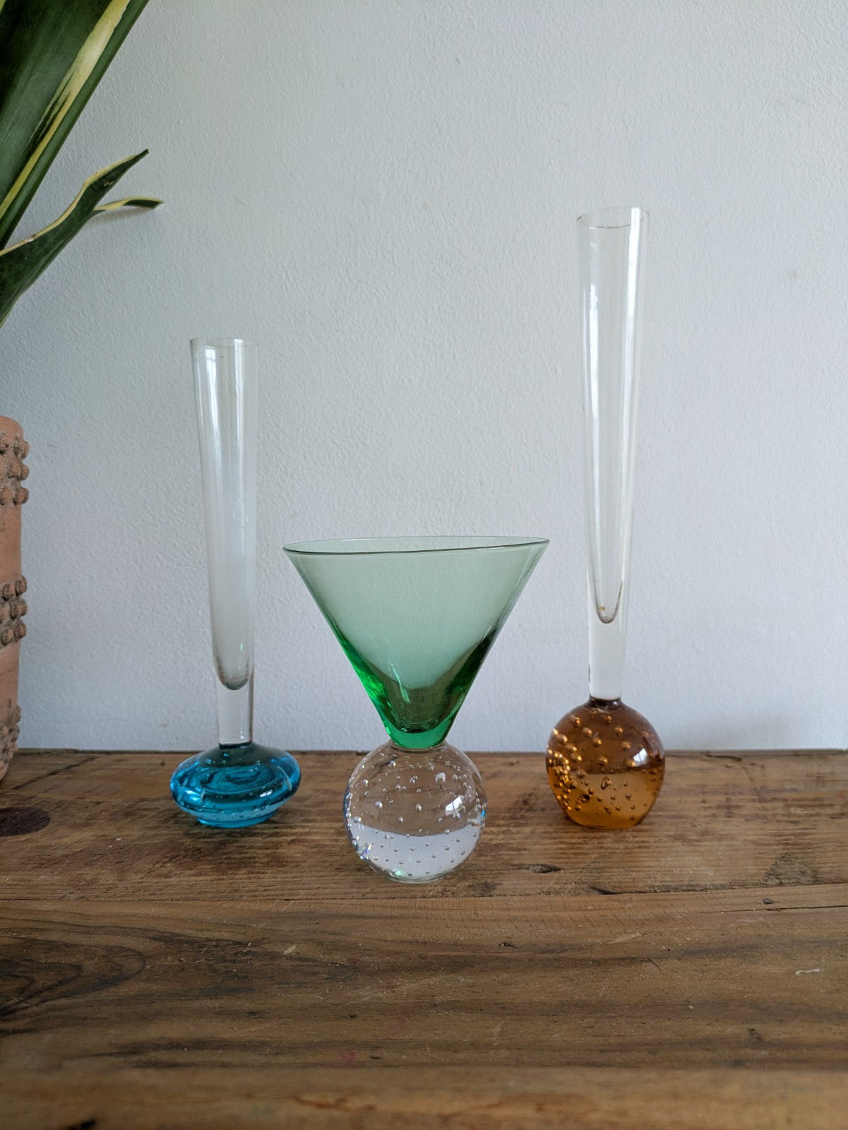 3x Bubble Base Bullicante Martini Glasses Green Orange Blue Retro VTG Bud Vase