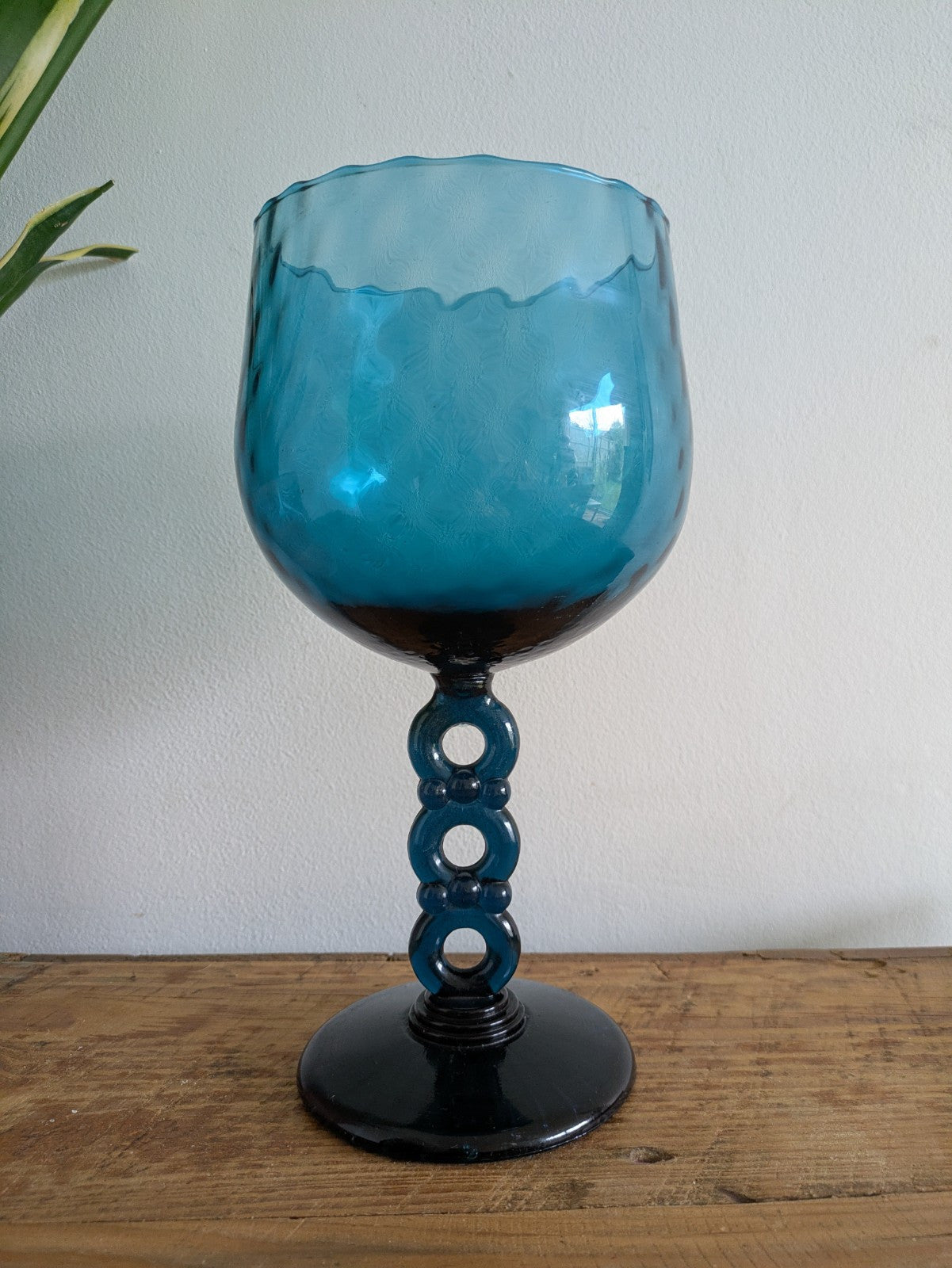 ITALIAN EMPOLI GLASS TEAL GREEN GOBLET HOLDER 3 RING STEM OPTICAL ART BOWL VTG