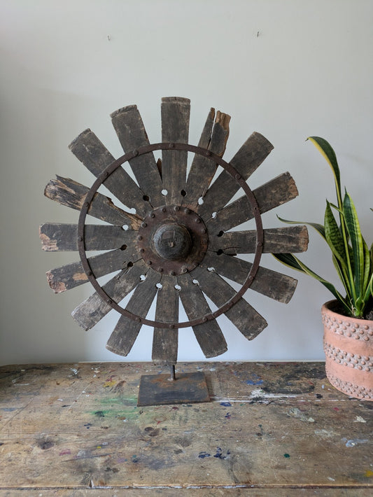 Vintage Rustic Antique Indian Silk Spinning Charkha Wheel Sculpture on Stand Vgc