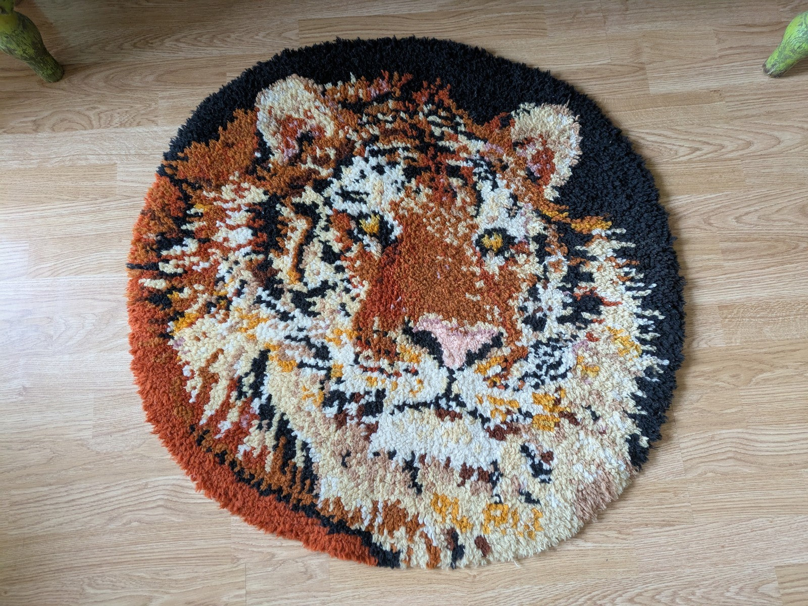 Vintage Scandinavian Ryamatta Mid Century Latch Hook Wool Tiger Rug Mat Handmade