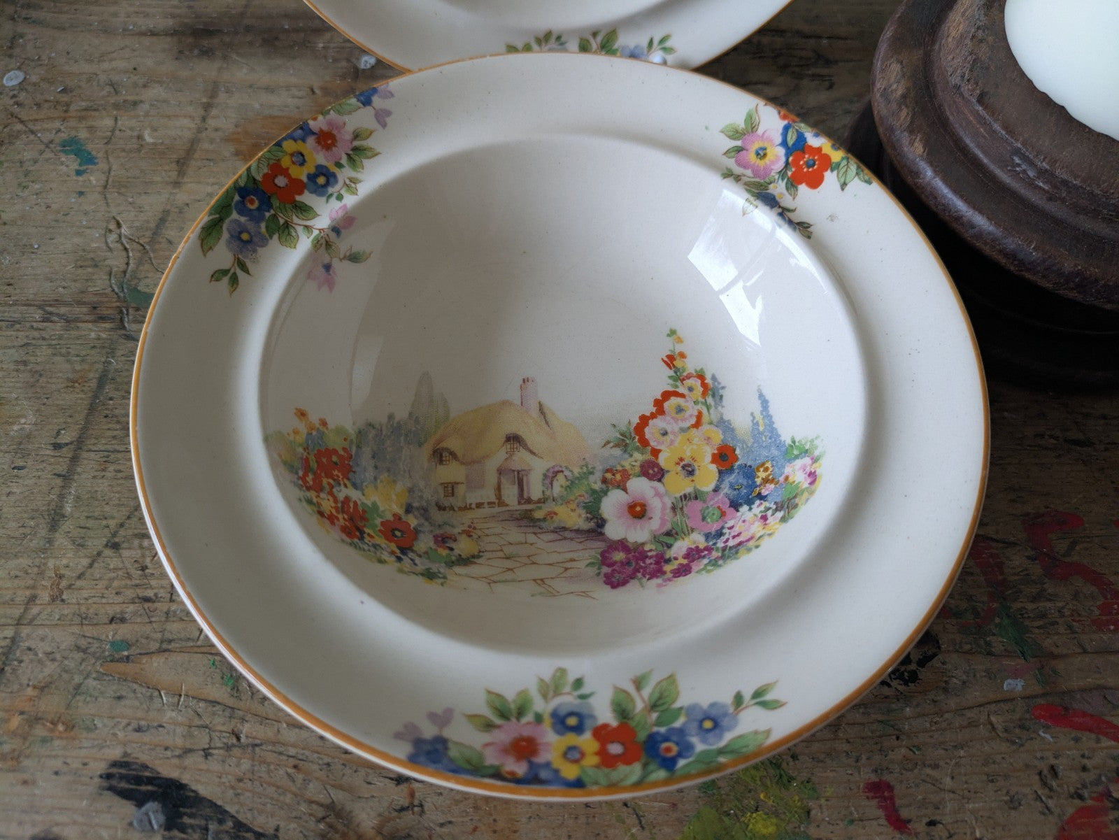 3 small dessert bowls Hampton Ivory cottage & flower design 1930s vintage Deco 