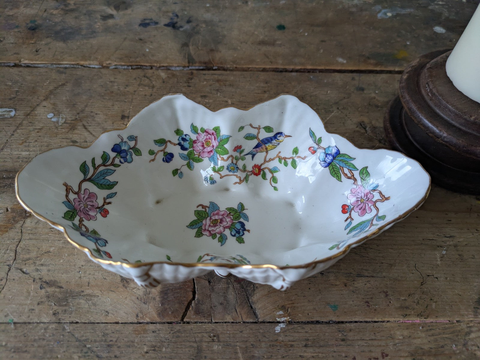 Vintage Aynsley Pembroke Footed Scallop Shell Dish Gold Rimmed Bird Floral Oval
