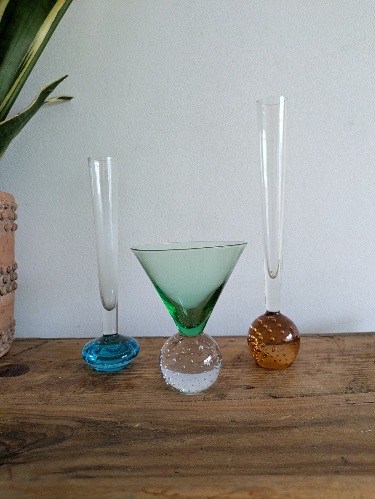 3x Bubble Base Bullicante Martini Glasses Green Orange Blue Retro VTG Bud Vase