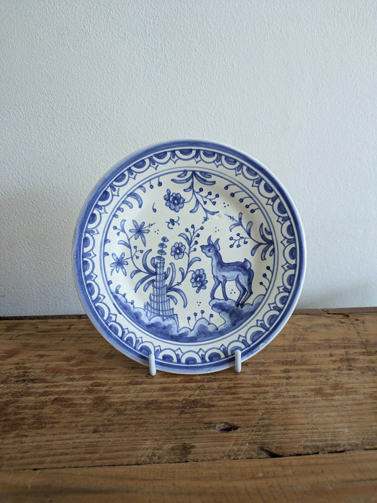 Vintage hand painted Blue and White deer birds Plate Portugal Delft Style Flabal