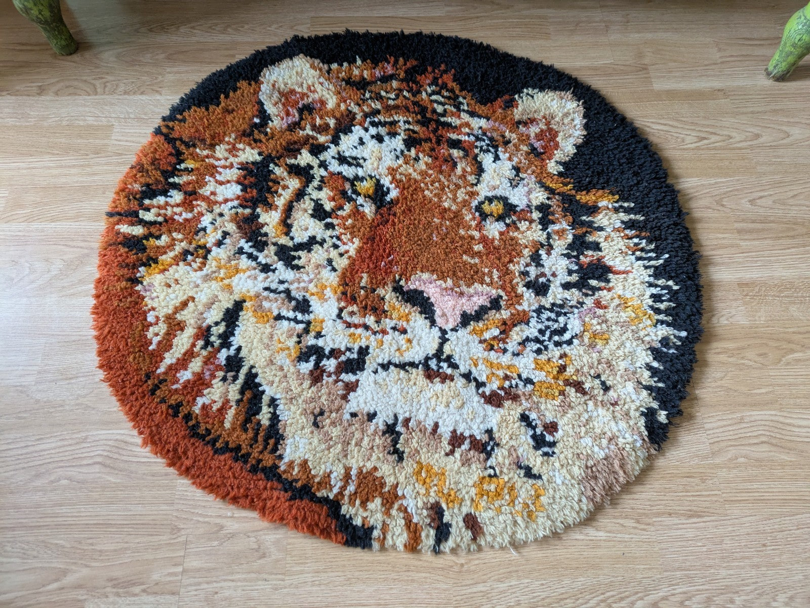 Vintage Scandinavian Ryamatta Mid Century Latch Hook Wool Tiger Rug Mat Handmade