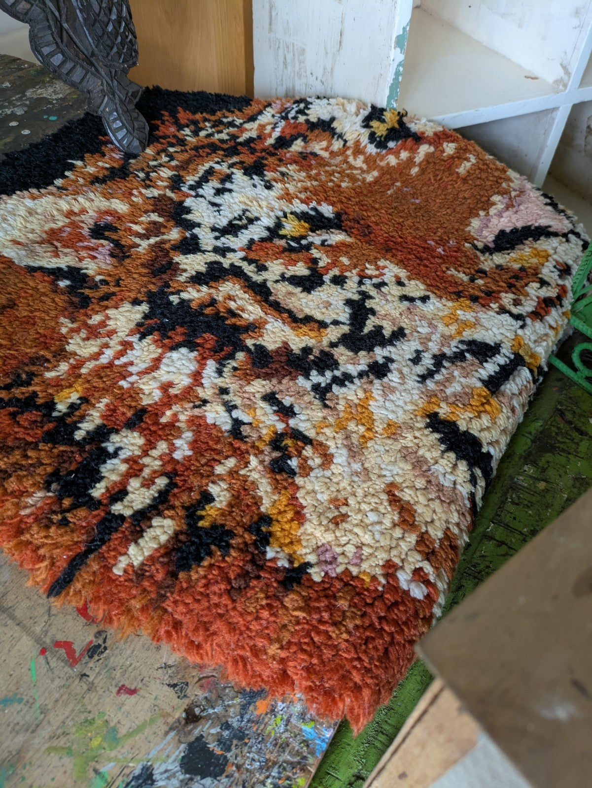 Vintage Scandinavian Ryamatta Mid Century Latch Hook Wool Tiger Rug Mat Handmade