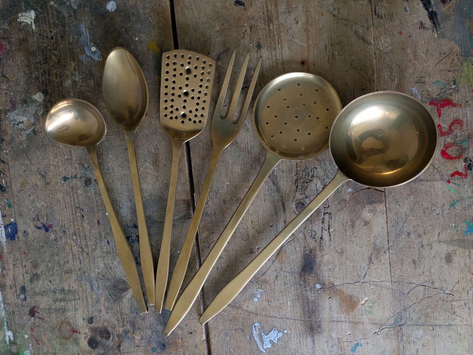 6x Vintage 1950s Heavy Solid Brass Kitchen Utensil Set Ladle Spoon Sieve Fork 