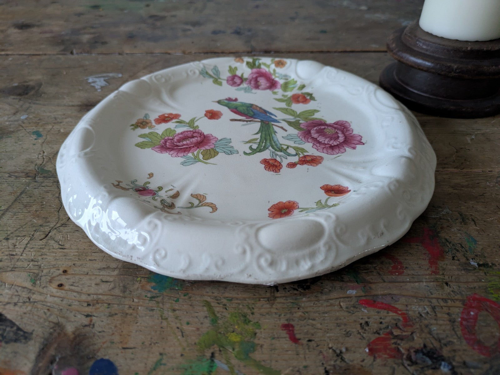 Antique Victorian Ironstone Bread Platter Bird Of Paradise Floral Cake Plate Old