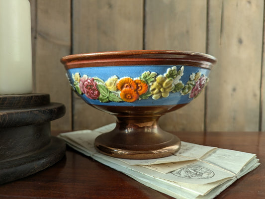 Antique 19th century Copper Luster Pedestal Bowl Dish Painted Flowers Art Deco