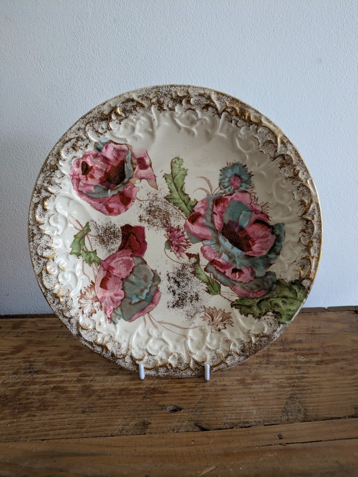 Antique Victorian earthenware serving collector plate Gilt Floral Rose Pink Blue