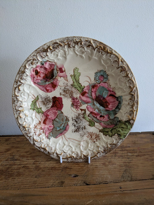 Antique Victorian earthenware serving collector plate Gilt Floral Rose Pink Blue