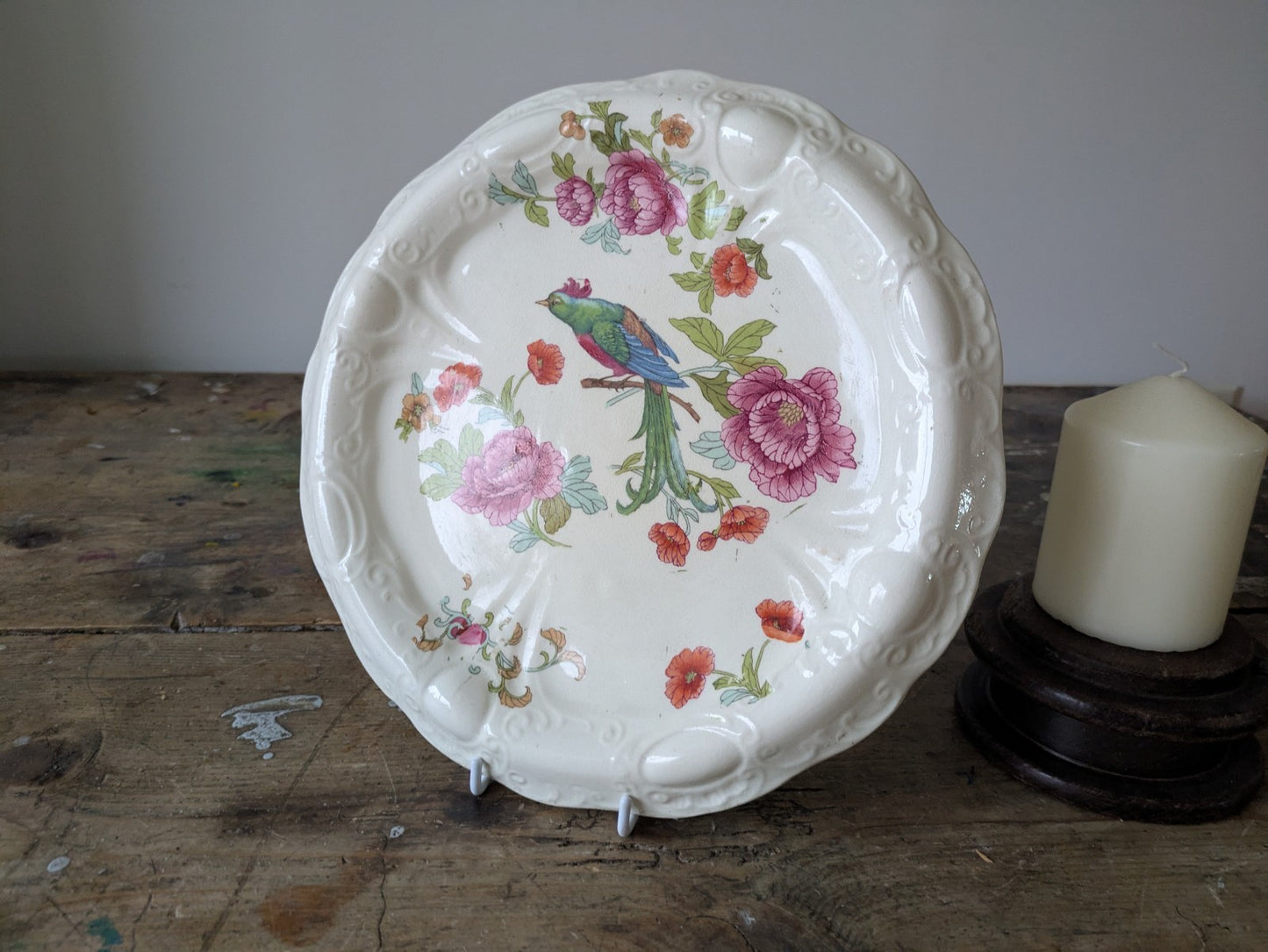 Antique Victorian Ironstone Bread Platter Bird Of Paradise Floral Cake Plate Old