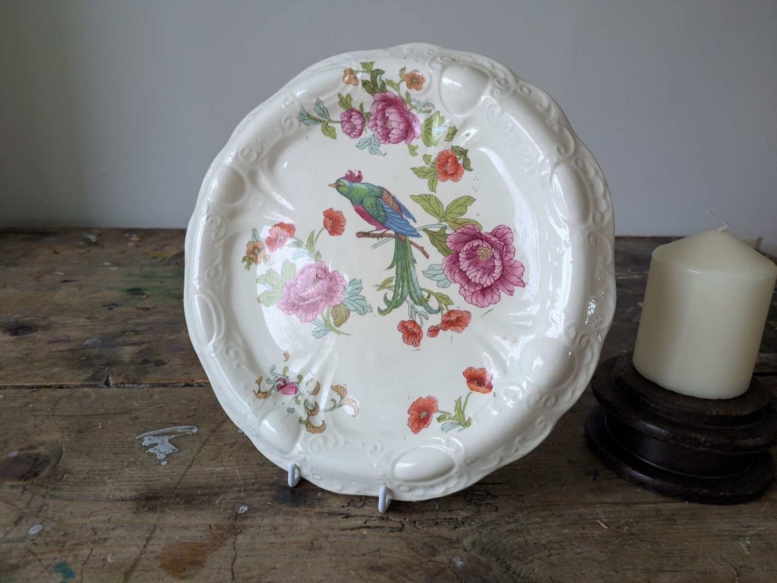 Antique Victorian Ironstone Bread Platter Bird Of Paradise Floral Cake Plate Old