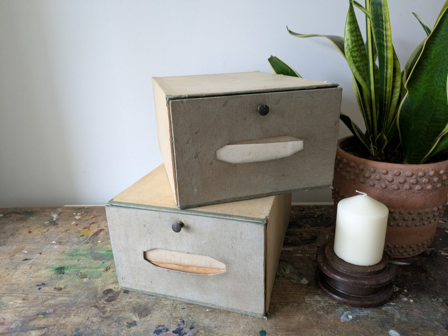 2 Vintage French File Cabinet Drawer Cardboard Storage Box Organizer Notary Mail