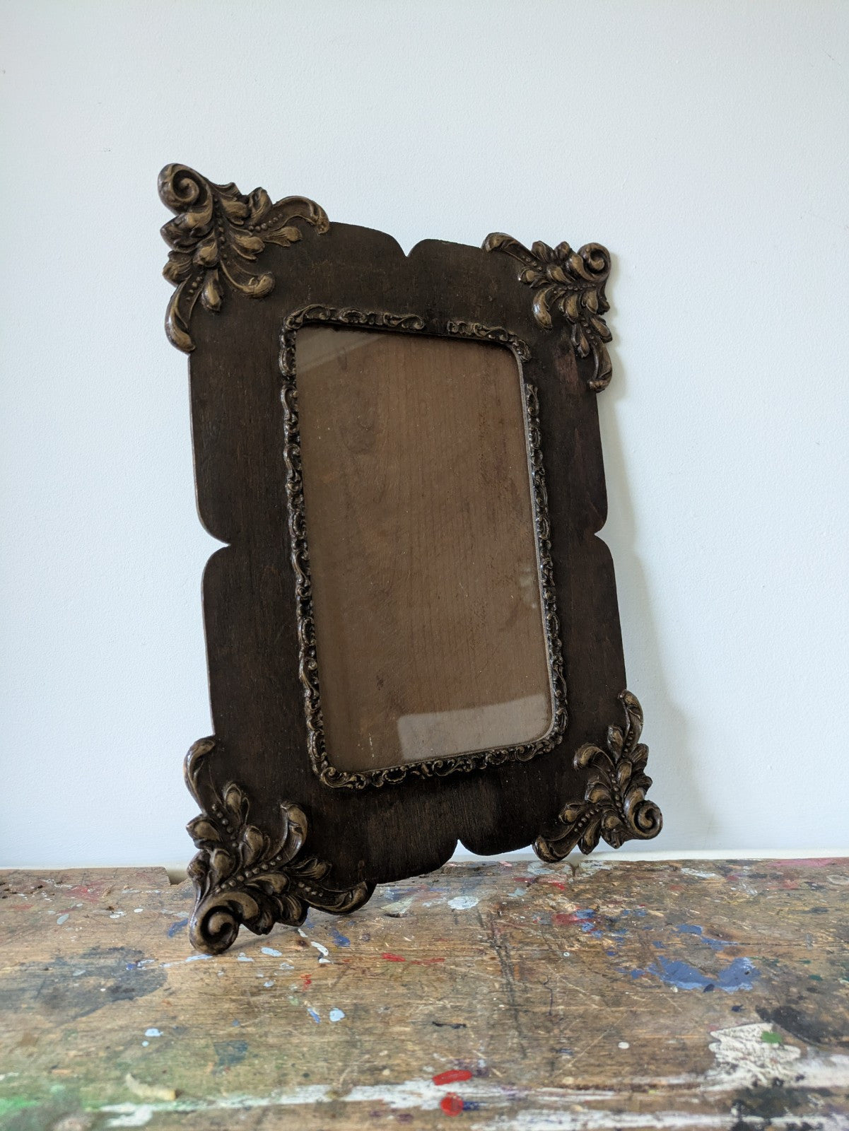 Victorian Picture Photo Frame Scroll Dark Wood Antique Prop Glass Original Rare