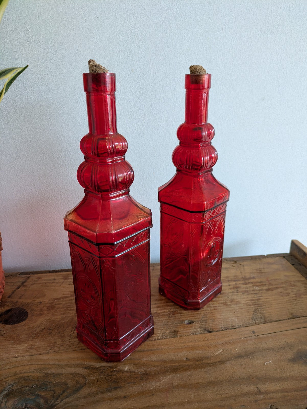 2x Ruby Red Embossed Glass Bottles 30cm Tall Pair Bar Mancave Boho Hippy VTG Old