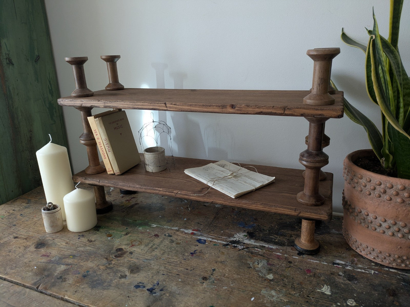 Antique Indian Reclaimed Vintage Folk Art Bobbin Spool Shelf Shelves Handmade