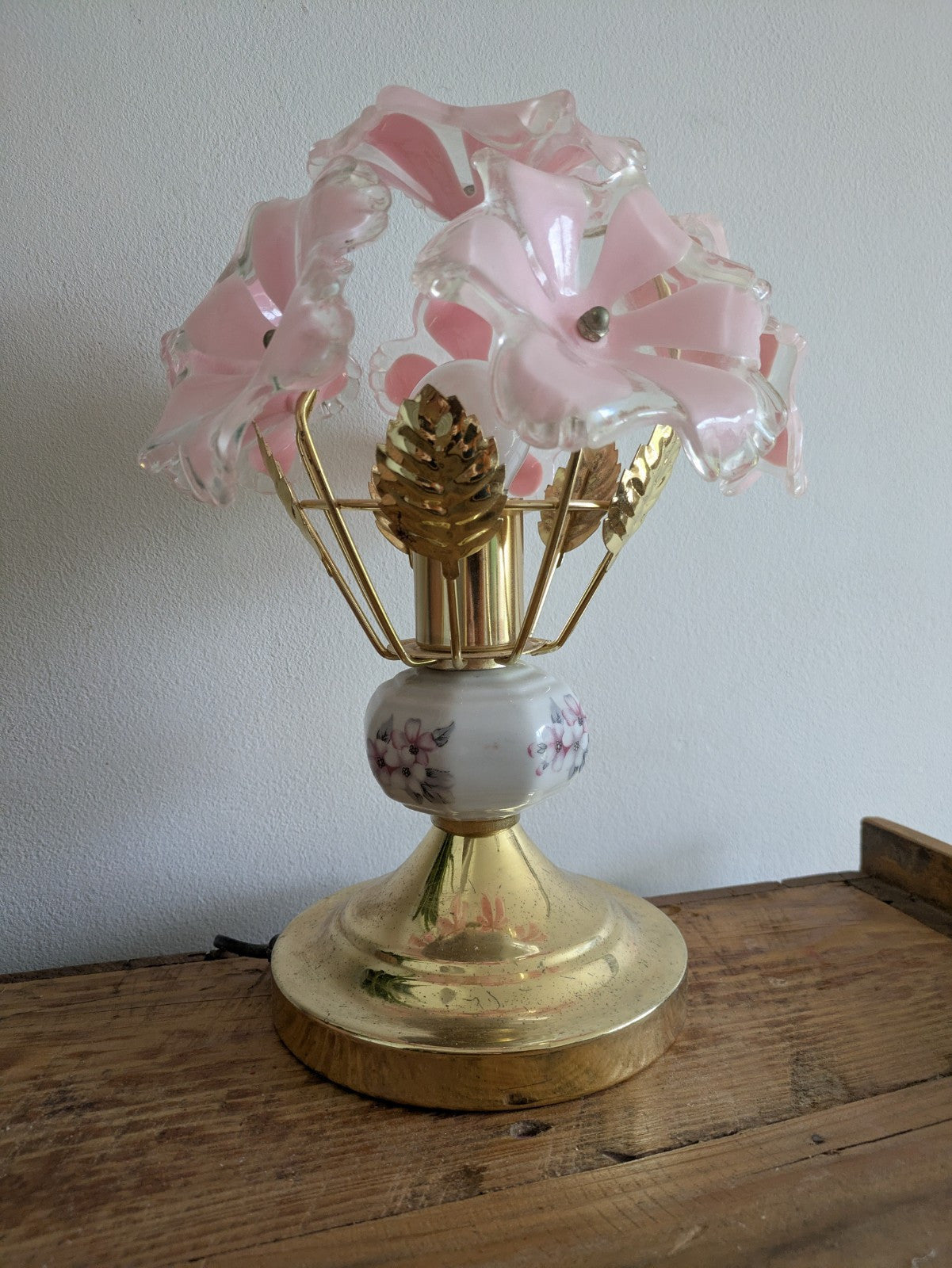 VTG Retro Sputnik Pink Six Flower Head Touch Me Light Bedside Lamp Brass Effect