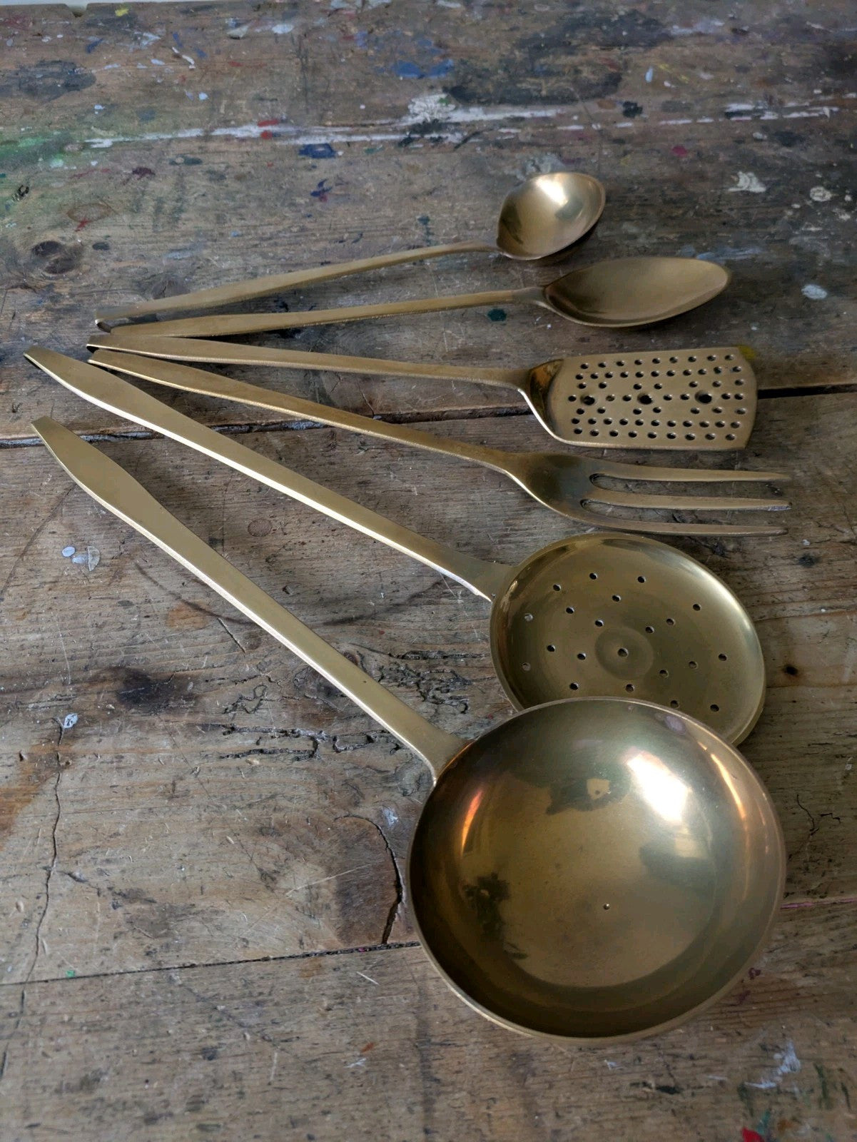 6x Vintage 1950s Heavy Solid Brass Kitchen Utensil Set Ladle Spoon Sieve Fork 