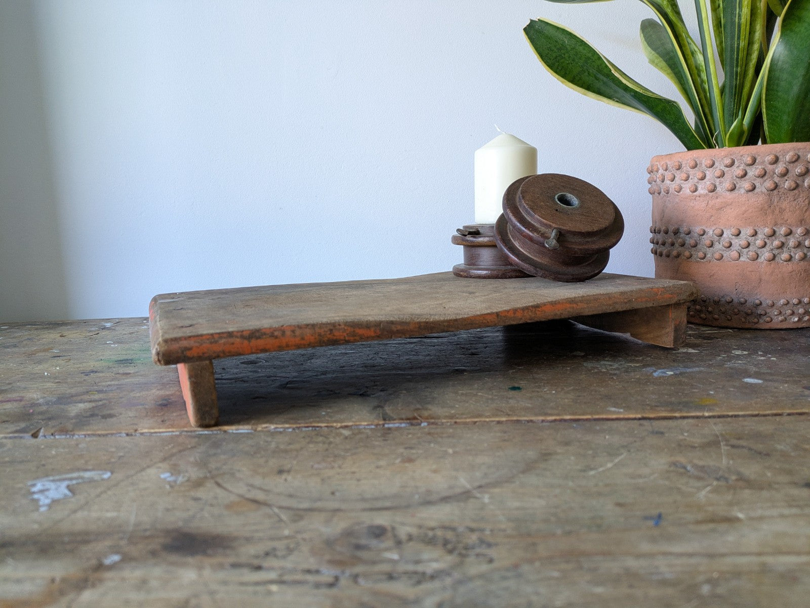 Antique Wooden Bajot Floor Sitting Stool Orange Old Hand Crafted Serving Board