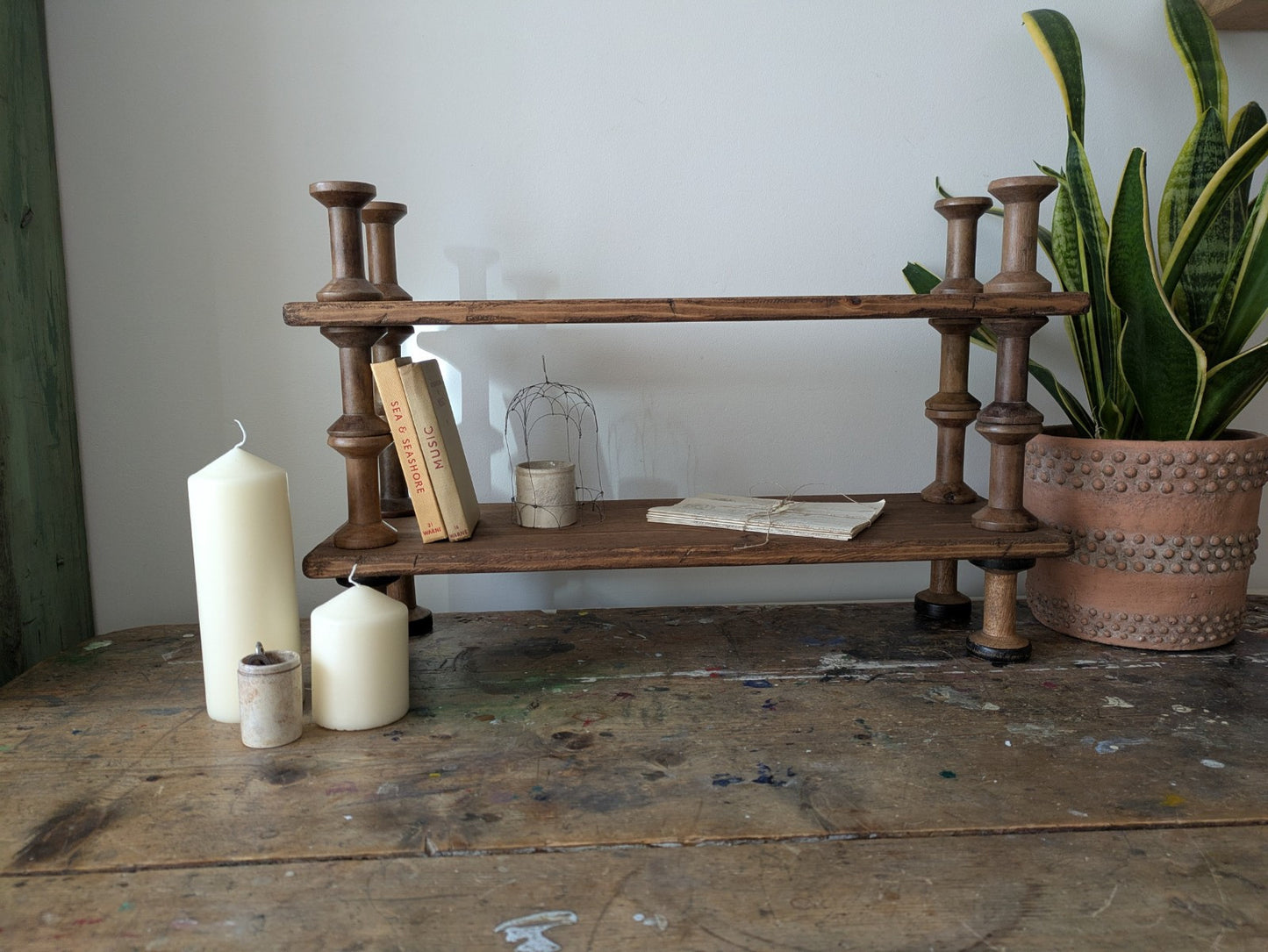 Antique Indian Reclaimed Vintage Folk Art Bobbin Spool Shelf Shelves Handmade
