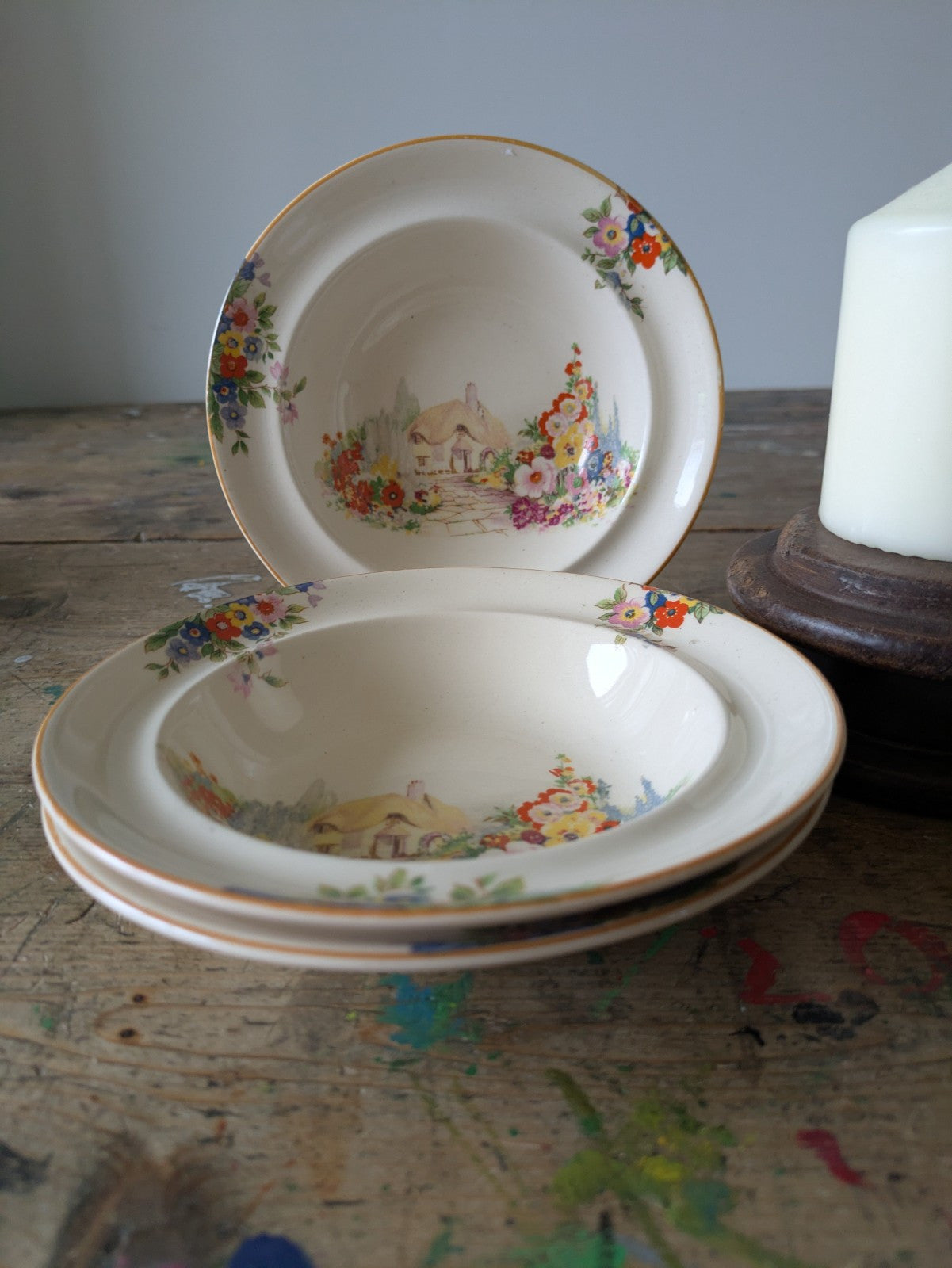 3 small dessert bowls Hampton Ivory cottage & flower design 1930s vintage Deco 