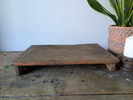 Antique Wooden Bajot Floor Sitting Stool Orange Old Hand Crafted Serving Board
