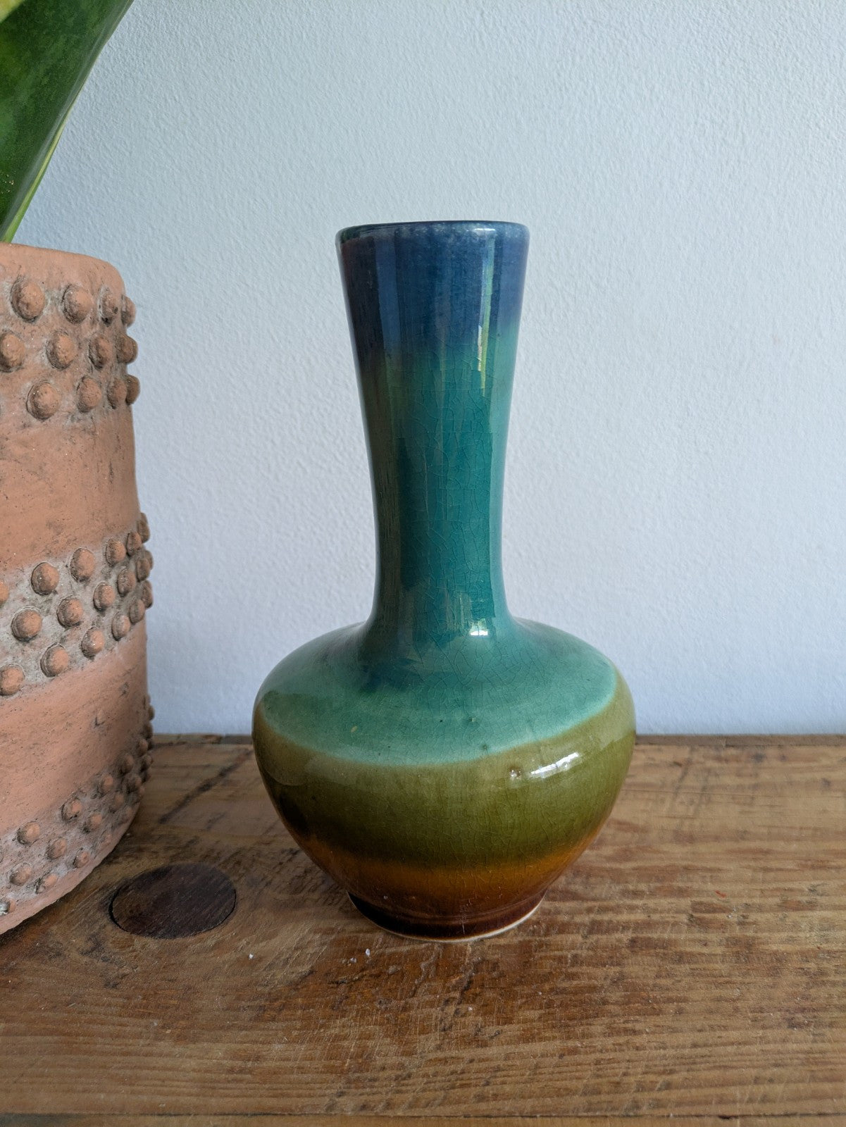 Vintage Rare Wellow Pottery Vase Bud Brown Turquoise Blue Ceramic Multicoloured 