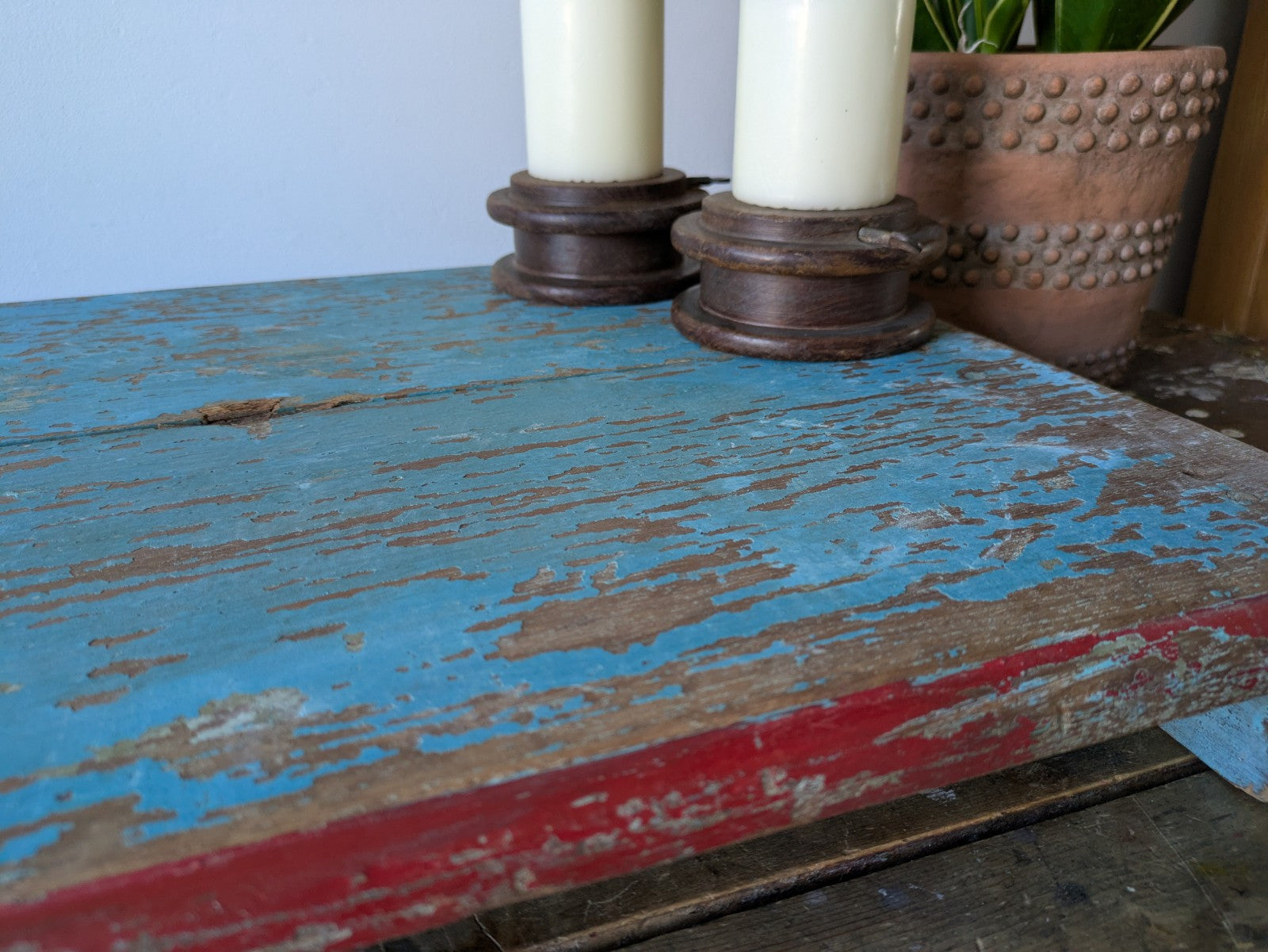 Antique Wooden Bajot Floor Sitting Stool Blue Old Hand Crafted Serving Board Vtg