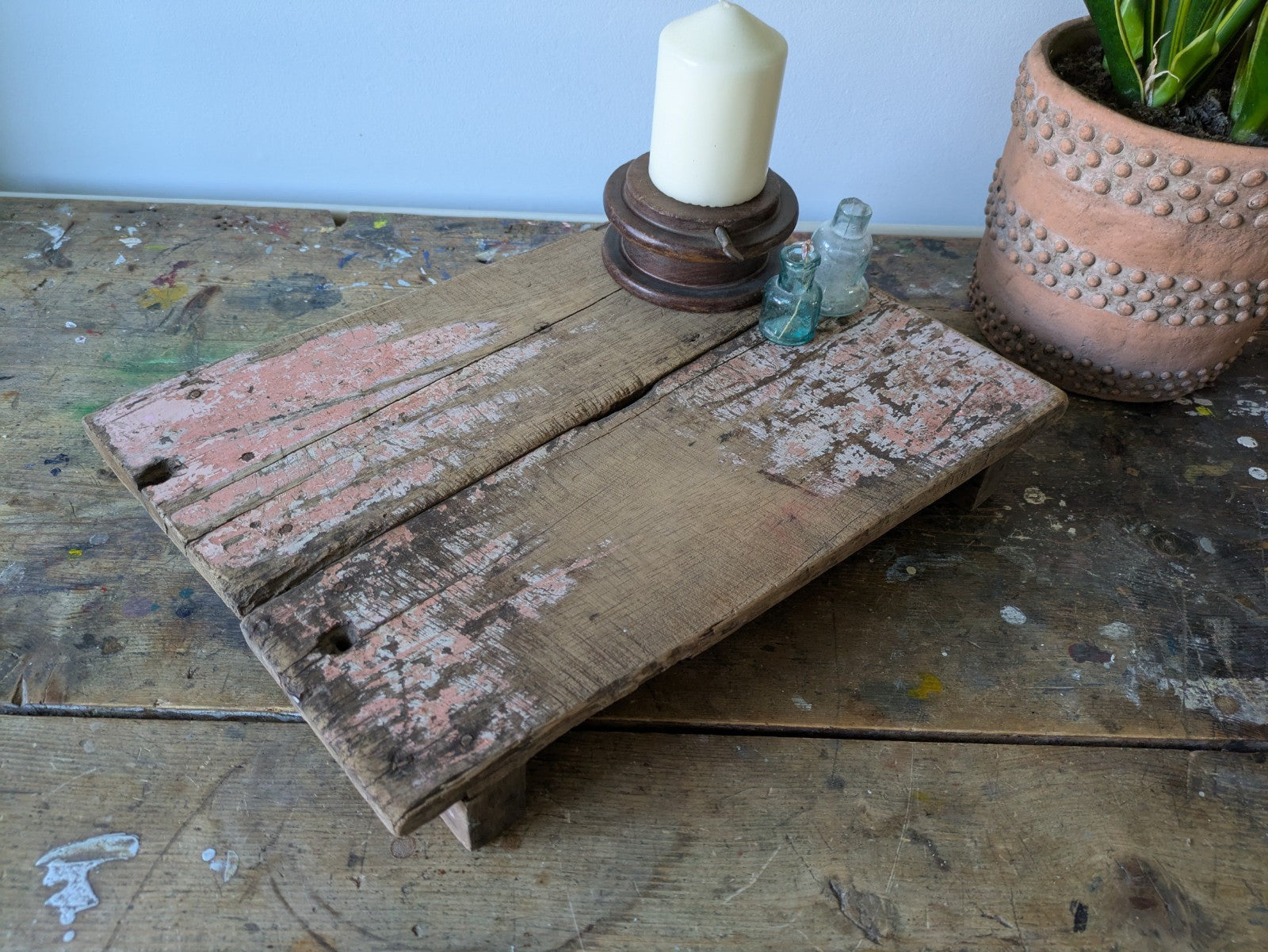 Antique Wooden Bajot Floor Sitting Stool Pink Old Hand Crafted Serving Board Vtg