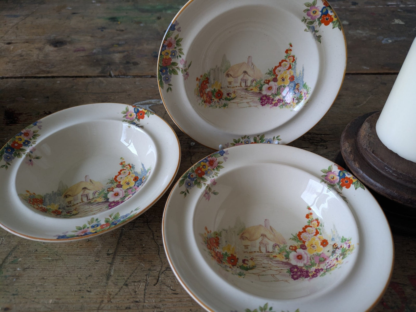 3 small dessert bowls Hampton Ivory cottage & flower design 1930s vintage Deco 