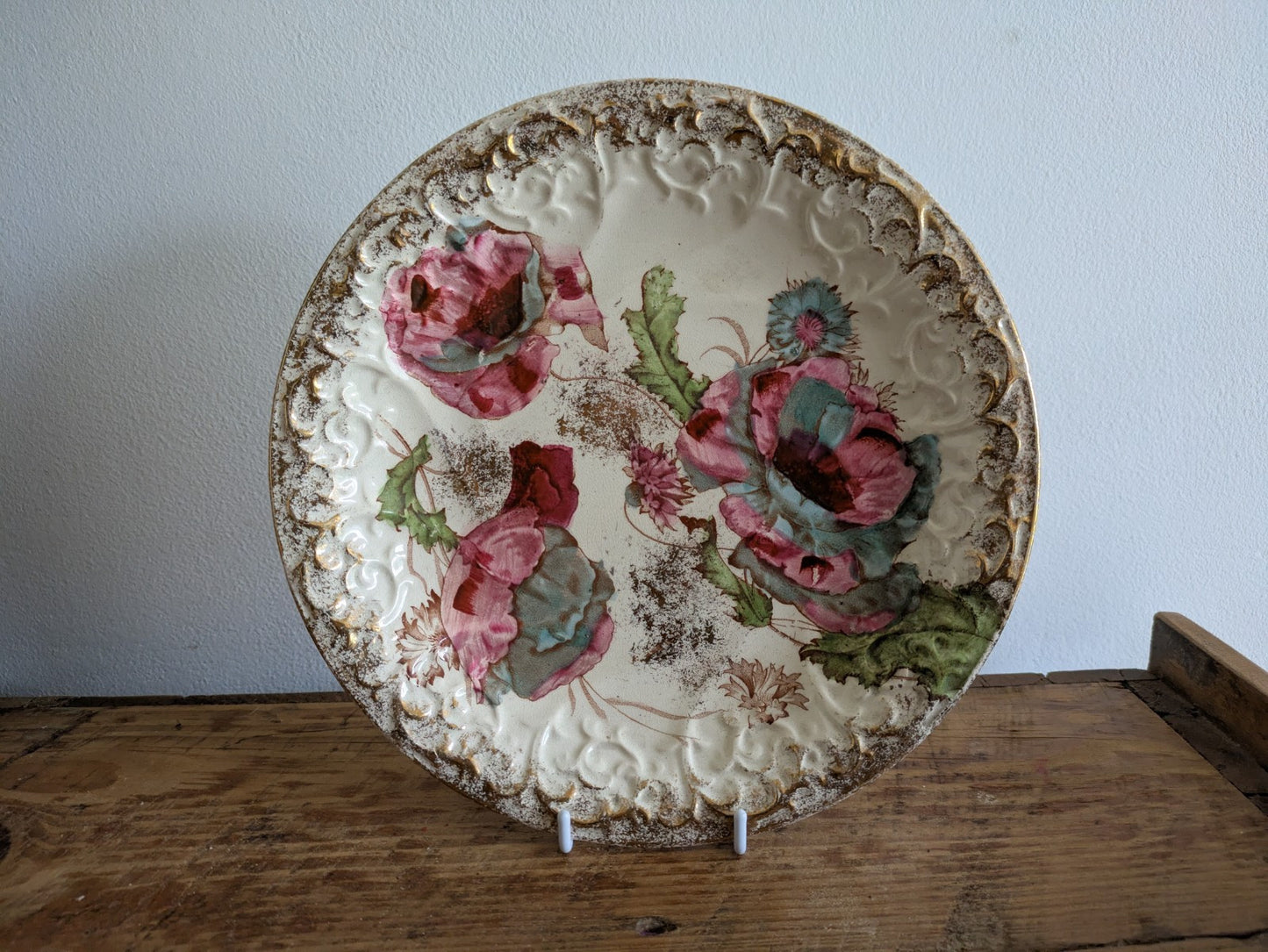 Antique Victorian earthenware serving collector plate Gilt Floral Rose Pink Blue