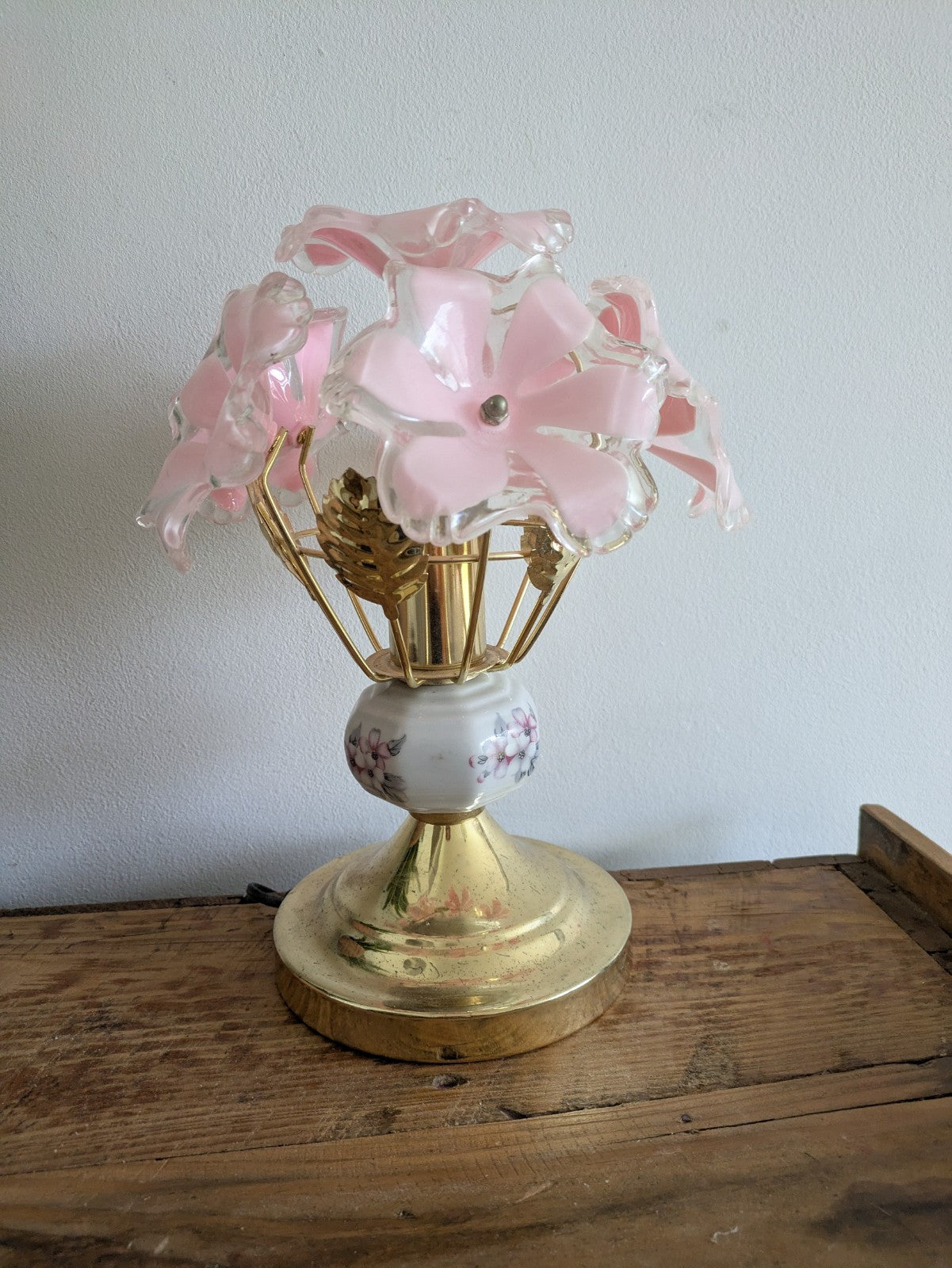 VTG Retro Sputnik Pink Six Flower Head Touch Me Light Bedside Lamp Brass Effect