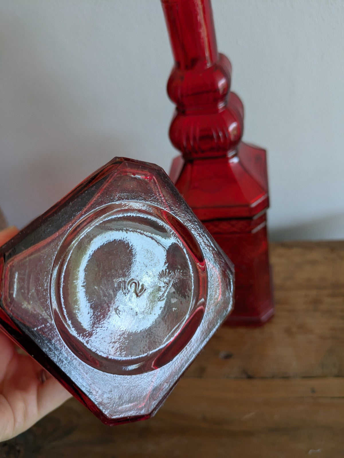 2x Ruby Red Embossed Glass Bottles 30cm Tall Pair Bar Mancave Boho Hippy VTG Old