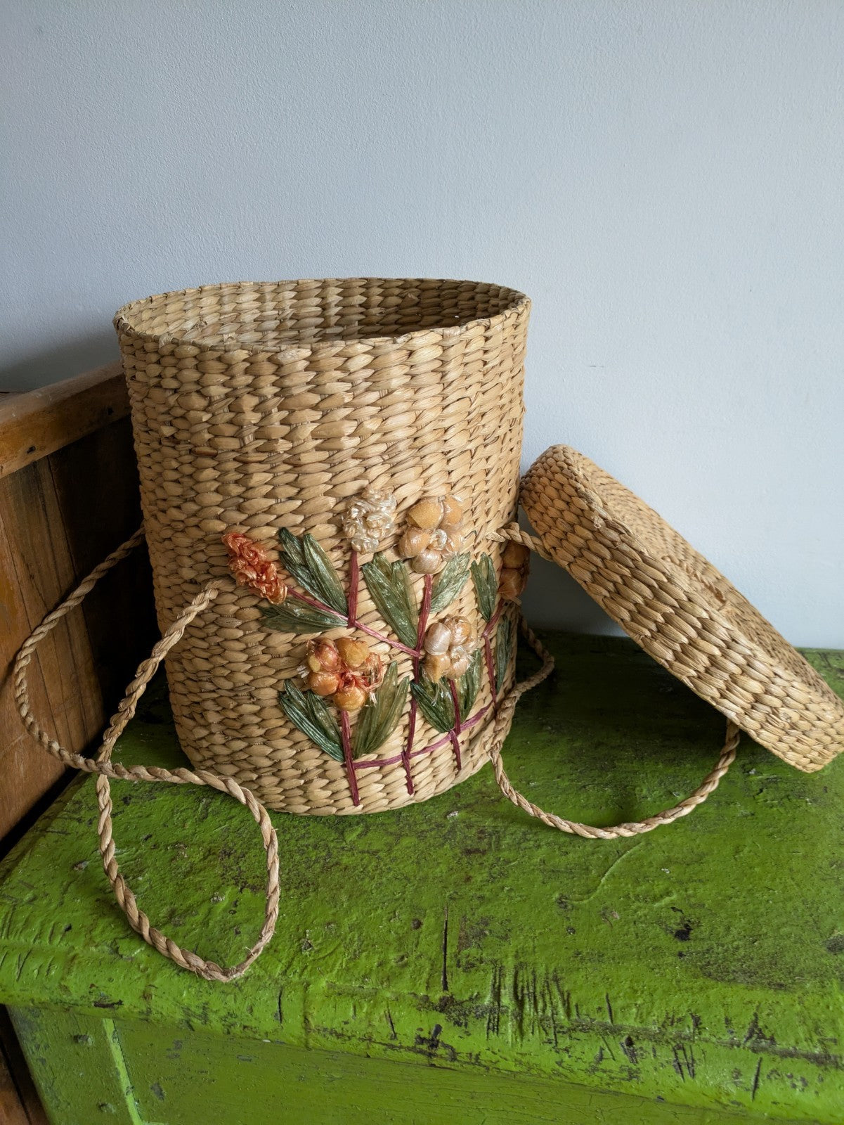 Handmade Woven Basket Bag Fruit Flowers Village Straw Raffia Vtg 50s Storage Old