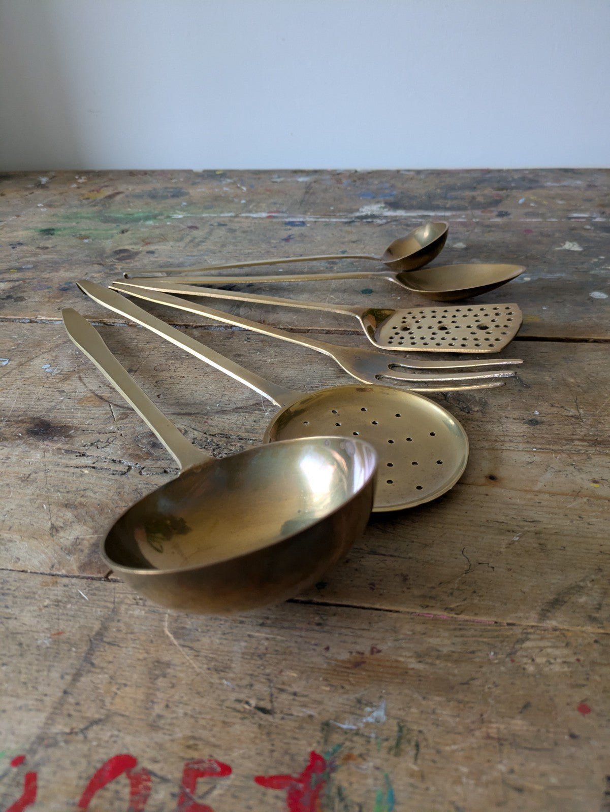 6x Vintage 1950s Heavy Solid Brass Kitchen Utensil Set Ladle Spoon Sieve Fork 