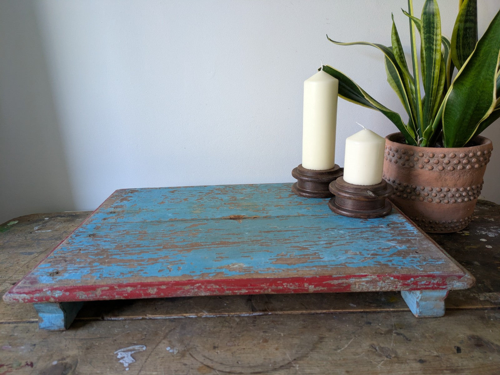 Antique Wooden Bajot Floor Sitting Stool Blue Old Hand Crafted Serving Board Vtg