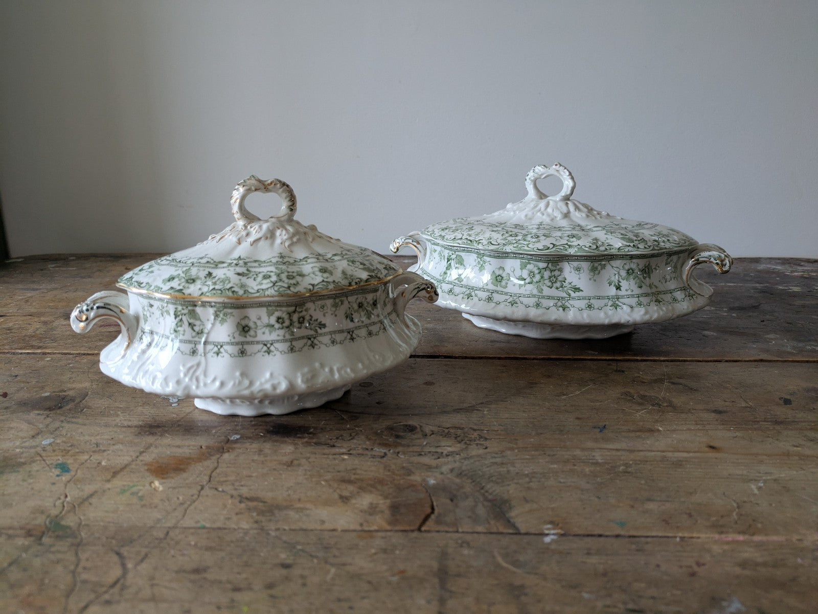2x Rare Antique S.Hancock & Sons, Warwick Tureen, Lid, Green Floral Serving Prop