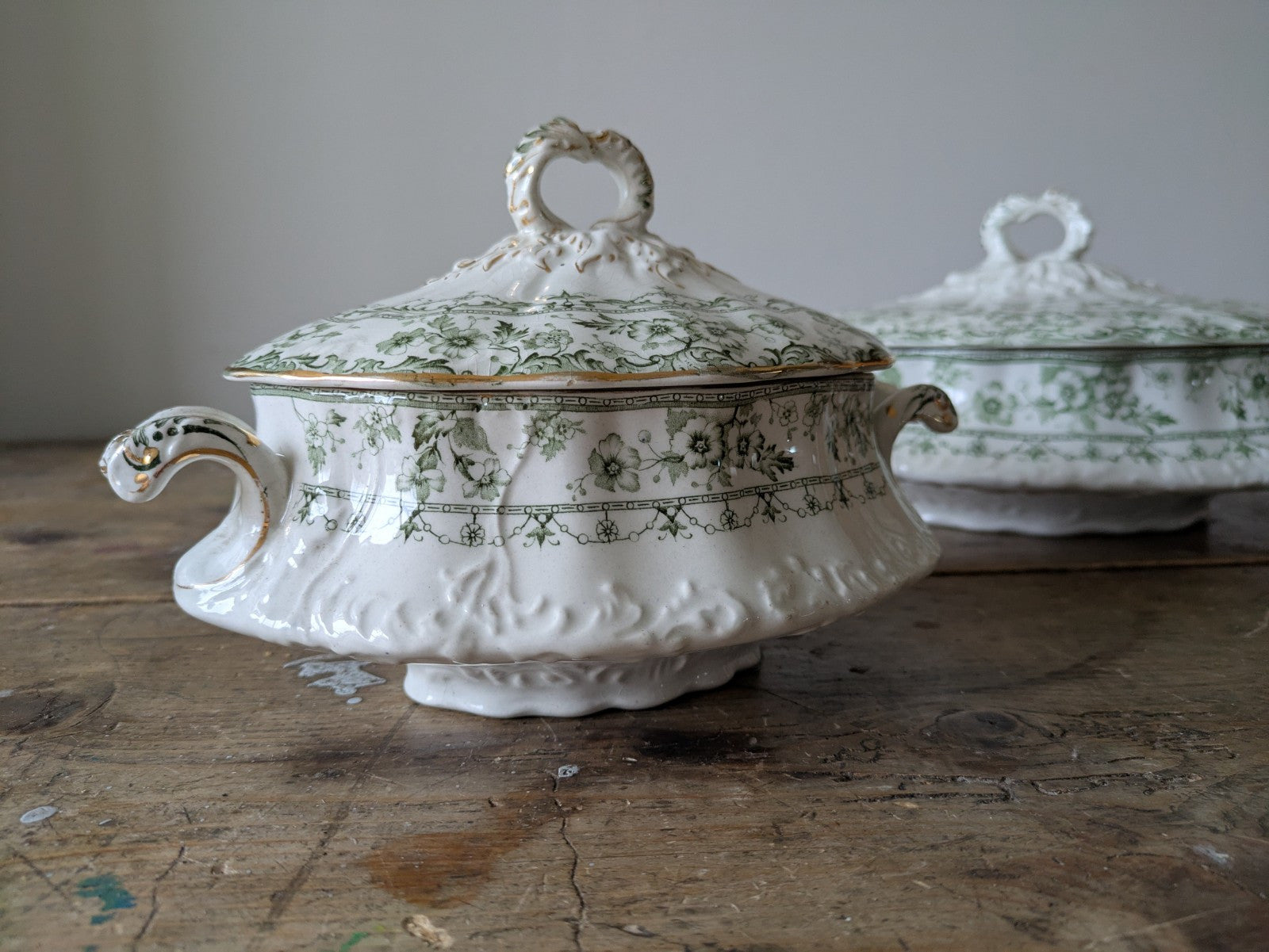 2x Rare Antique S.Hancock & Sons, Warwick Tureen, Lid, Green Floral Serving Prop