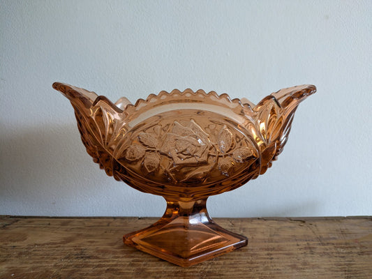 VTG Pink Peach Sawtooth Edge Glass Pedestal Compote Candy Dish Jardiniere Bowl