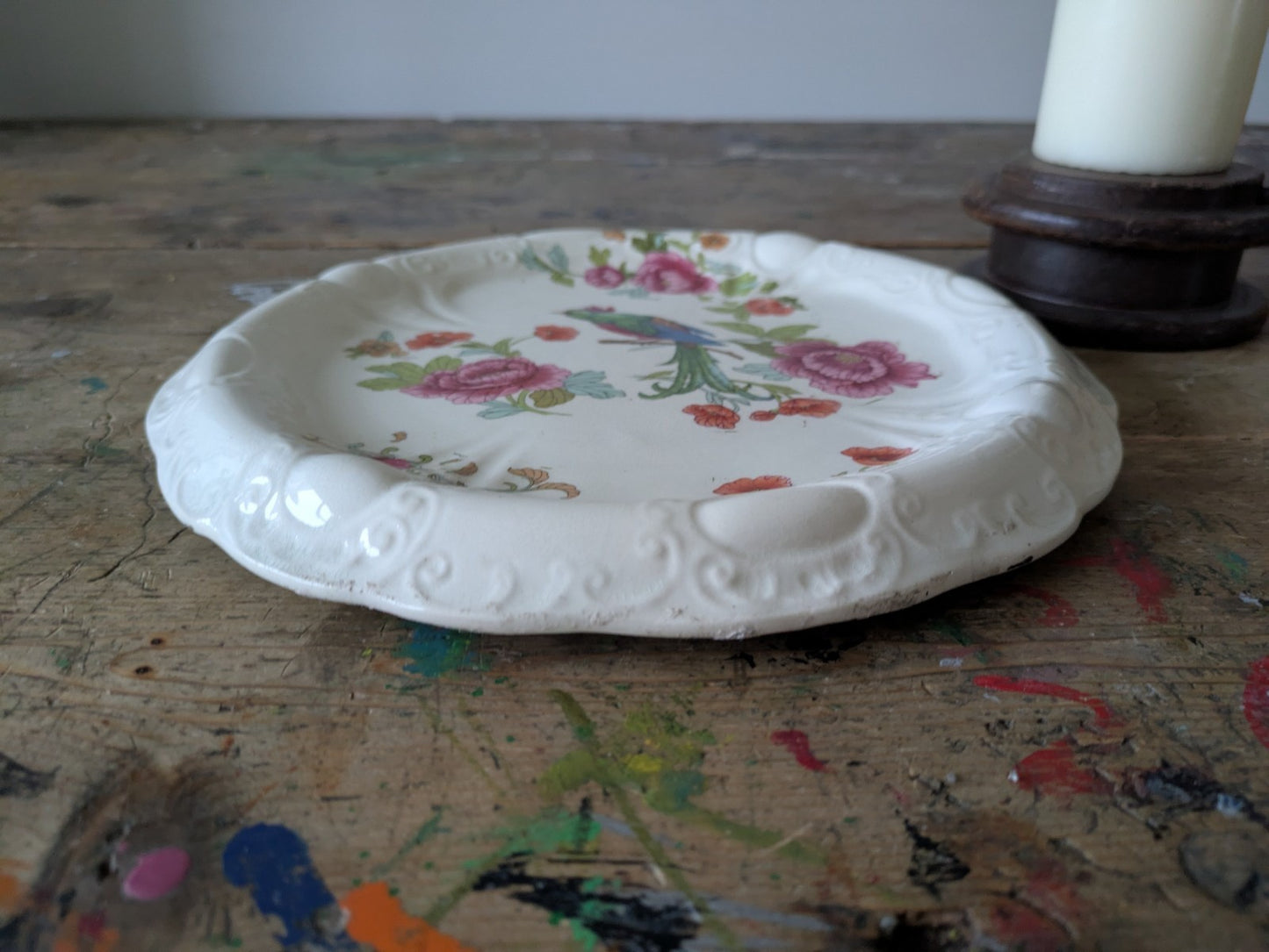Antique Victorian Ironstone Bread Platter Bird Of Paradise Floral Cake Plate Old