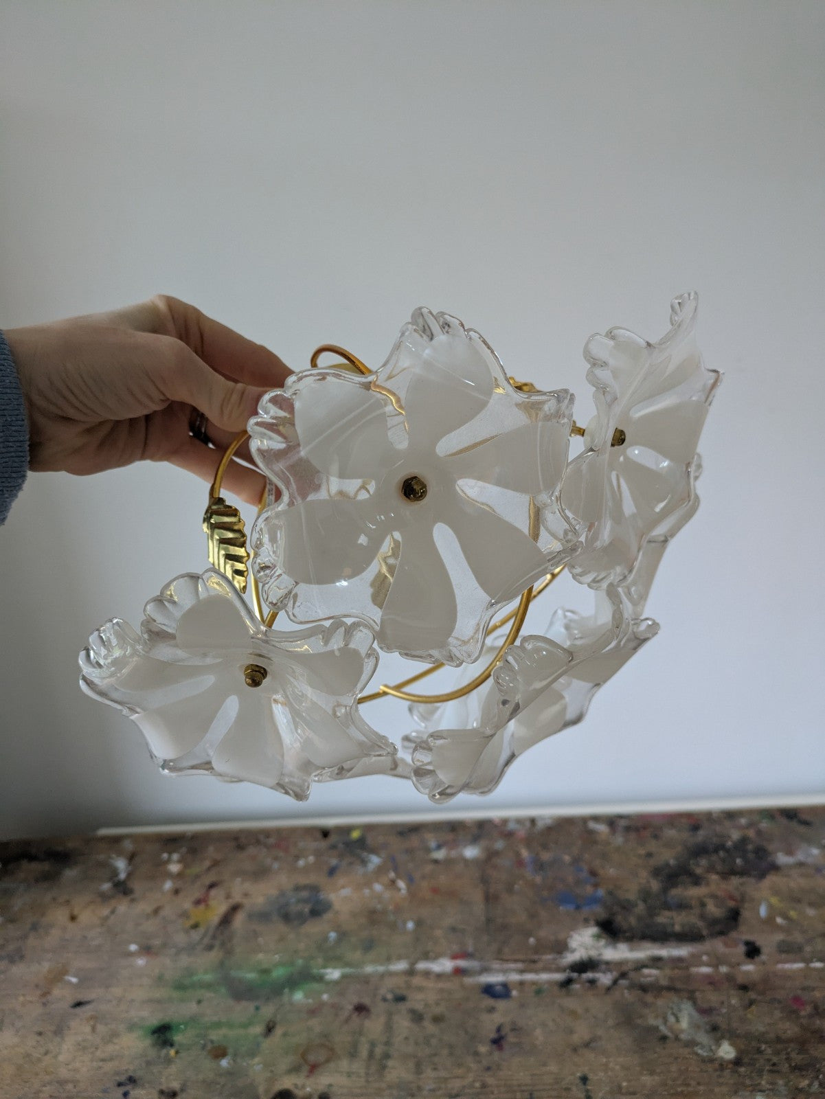 Vintage Retro Ceiling Shade White & Gold Floral Design Acrylic Prop Lighting 