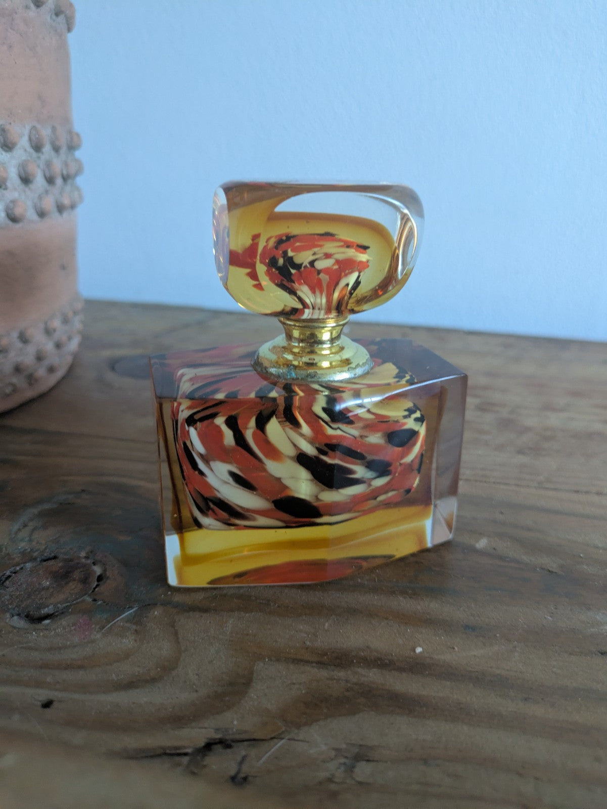 Vintage Retro Murano Glass Art Perfume Bottle Complete Orange Stopper Dauber Vgc