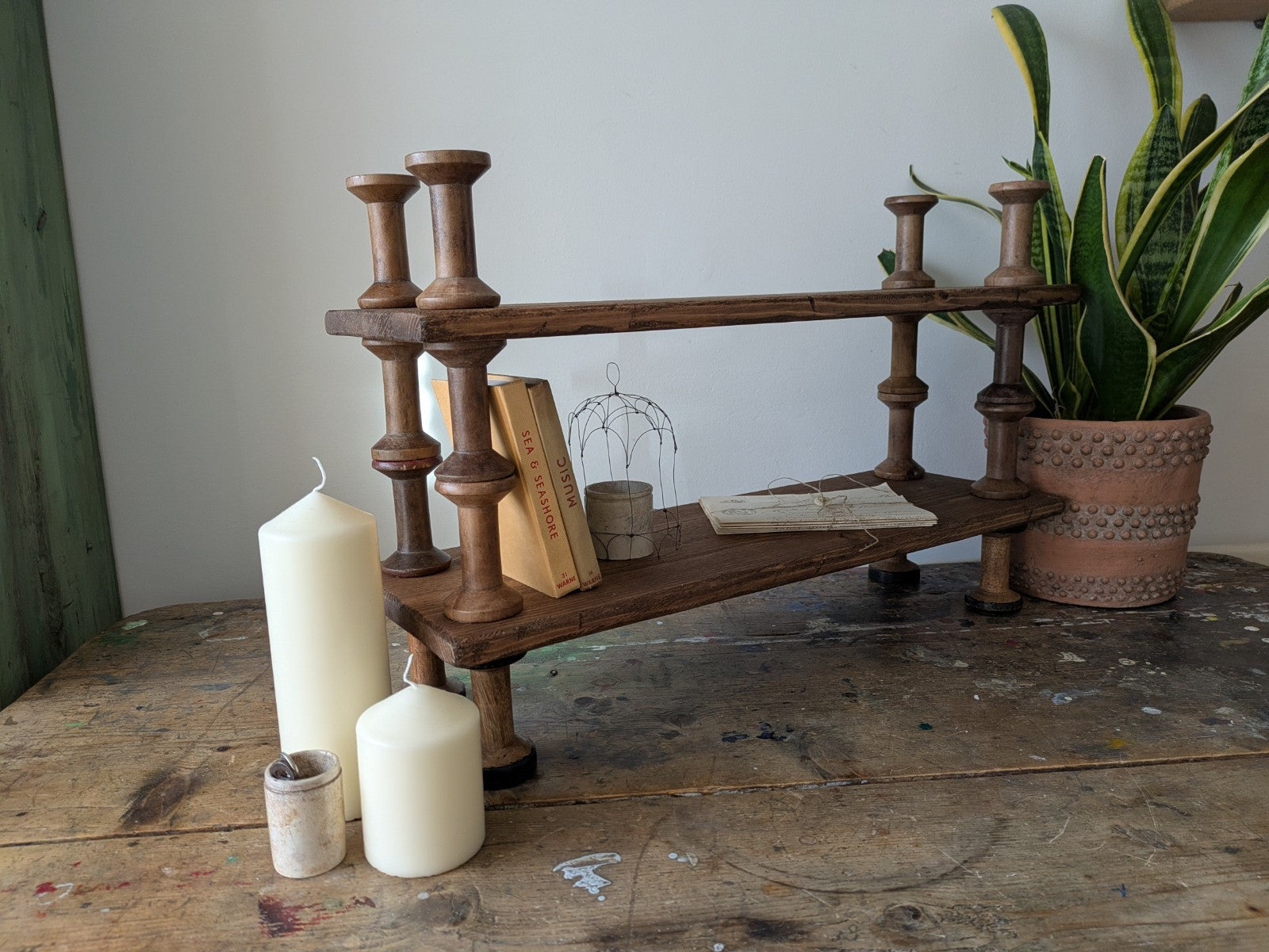 Antique Indian Reclaimed Vintage Folk Art Bobbin Spool Shelf Shelves Handmade