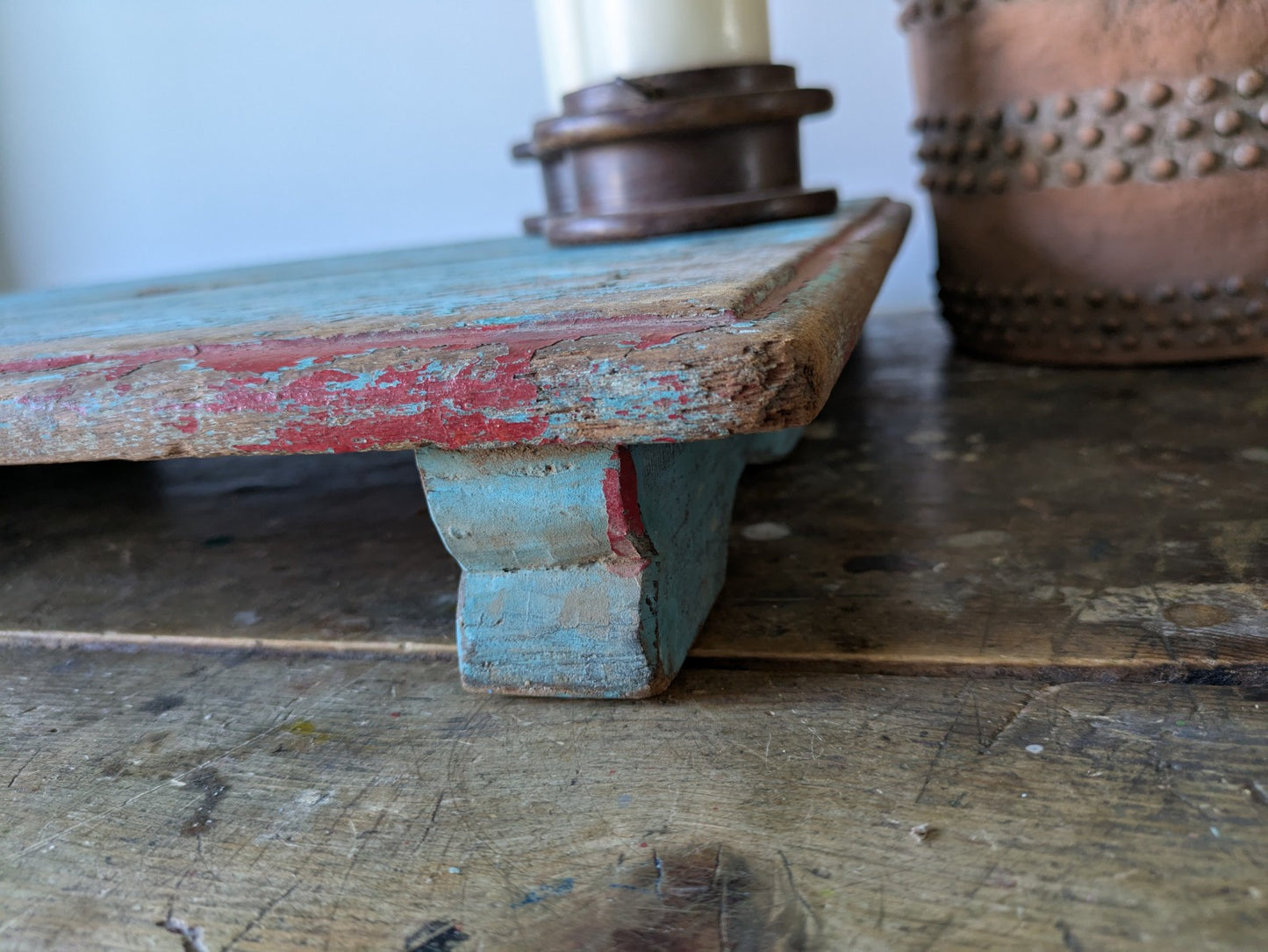 Antique Wooden Bajot Floor Sitting Stool Blue Old Hand Crafted Serving Board Vtg