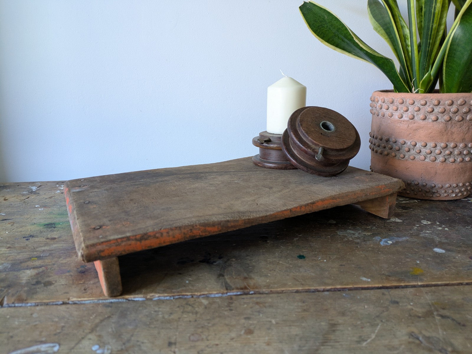 Antique Wooden Bajot Floor Sitting Stool Orange Old Hand Crafted Serving Board