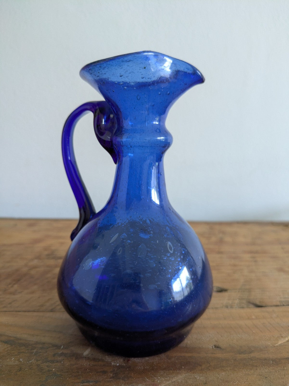 Vtg Cobalt Blue Blown Glass Pitcher Vase Cruet Applied Handle Bubble Retro Jug