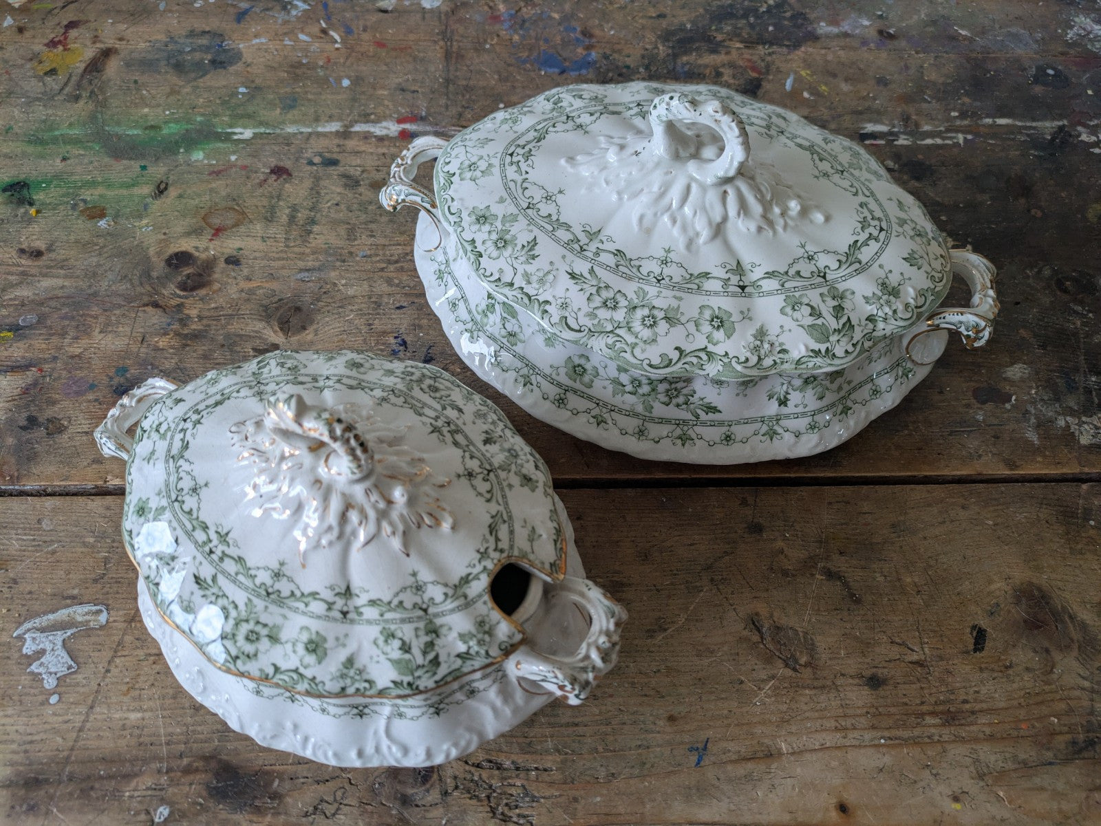 2x Rare Antique S.Hancock & Sons, Warwick Tureen, Lid, Green Floral Serving Prop